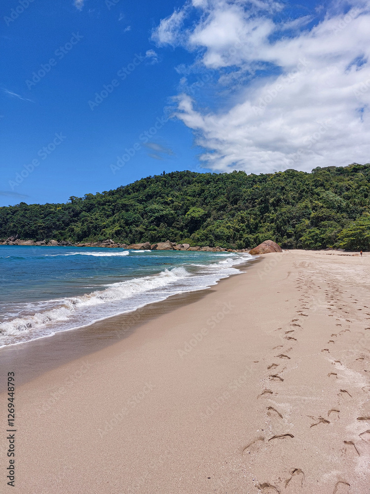 Footprints in the sand at Antigos Beach, a paradisiacal beach in Paraty, Brasil Footprints in the sand at Antigos Beach, a paradisiacal beach in Paraty, Brasil