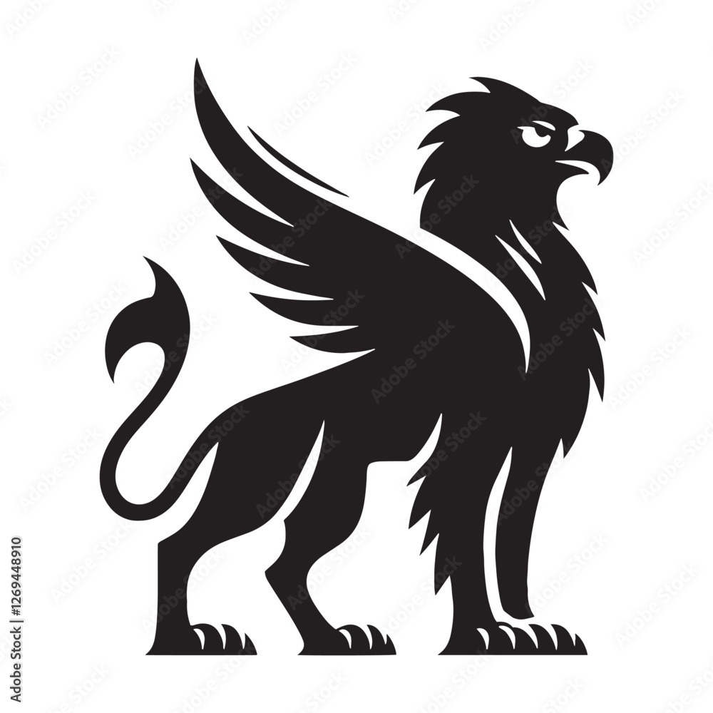 Obraz premium Griffin silhouette carved into enchanted relics - Griffin illustration - Minimalist Griffin vector - Mythical creature silhouette 