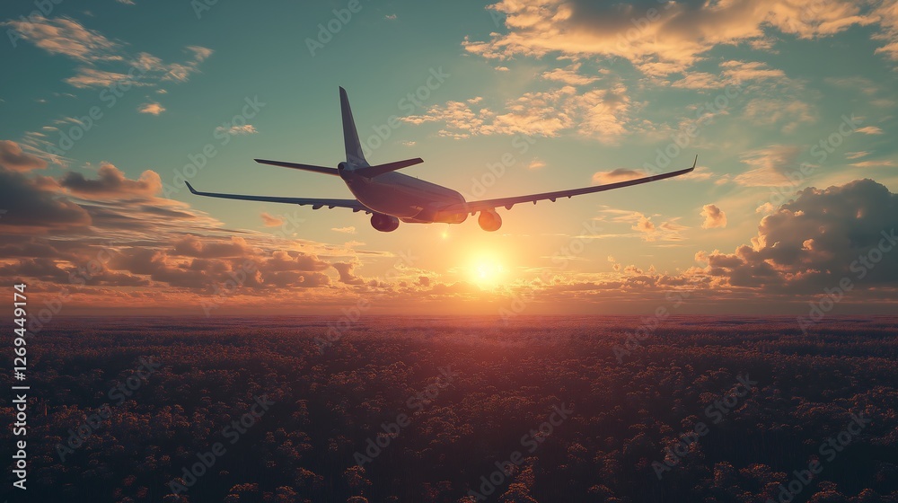 Naklejka premium Photo of an airplane flying over the forest, evening, with a sunset in the background