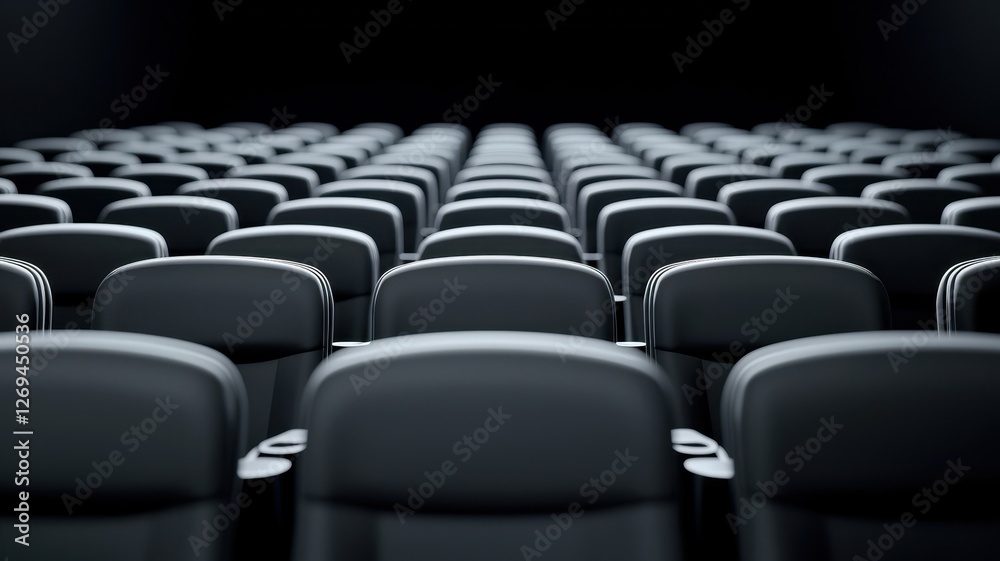 Naklejka premium Empty rows of sleek black theater seats in a dimly lit space.