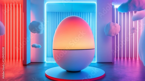 Glowing egg in neon-lit room.