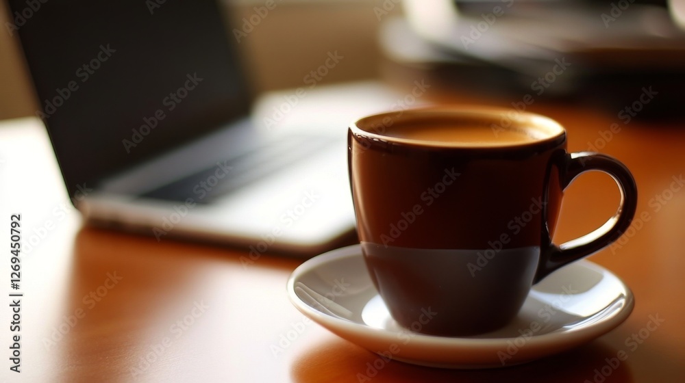 Fototapeta premium Warm coffee cup on desk with laptop in background for morning work routine