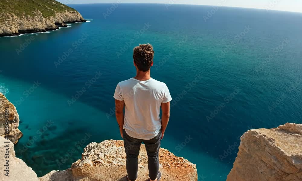 A contemplative man stands at the edge of a scenic clifftop, gazing over the clear blue ocean, embodying peace, reflection, and the beauty of nature. A contemplative man stands at the edge of a scenic clifftop, gazing over the clear blue ocean, embodying peace, reflection, and the beauty of nature.