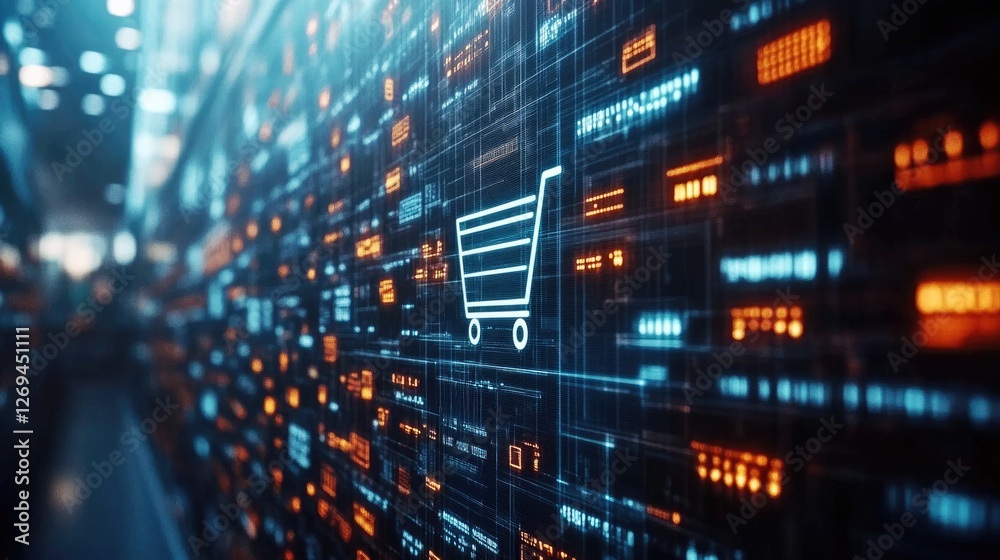 Digital shopping cart amidst a futuristic data landscape Digital shopping cart amidst a futuristic data landscape