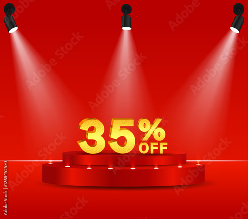 35% discount on gold. 3D golden numbers. Podium with red background and reflective lights.