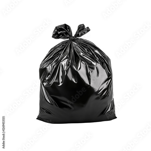 A black garbage bag tied at the top, appearing full and shiny, Isolated on white background.