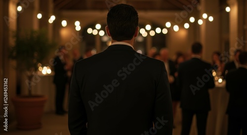 Dark formal event, man in tuxedo from behind, string lights, indoor venue, atmospheric lighting, elegant gathering, blurred background, shallow depth of field, warm tones, cinematic composition, eveni