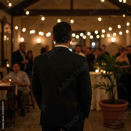 Dark formal event, man in tuxedo from behind, string lights, indoor venue, atmospheric lighting, elegant gathering, blurred background, shallow depth of field, warm tones, cinematic composition, eveni