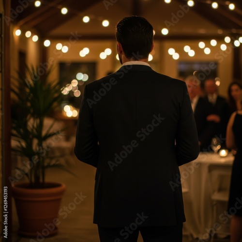 Dark formal event, man in tuxedo from behind, string lights, indoor venue, atmospheric lighting, elegant gathering, blurred background, shallow depth of field, warm tones, cinematic composition, eveni