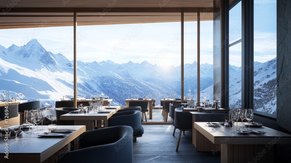 Fototapeta premium Restaurant dining view of snow-capped mountains.