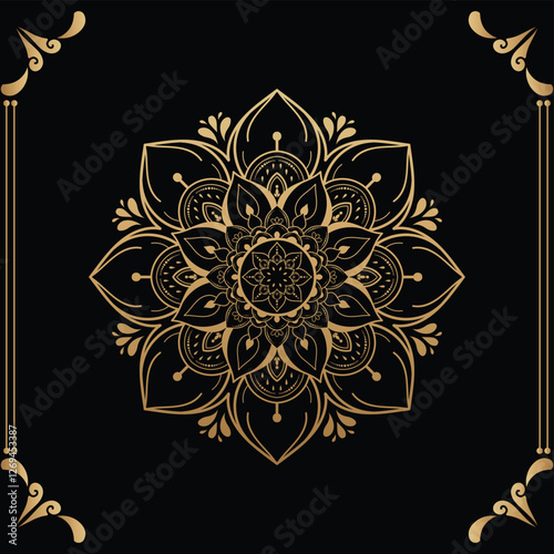 Luxury mandala design black background in gold color
