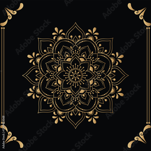 Luxury mandala design black background in gold color