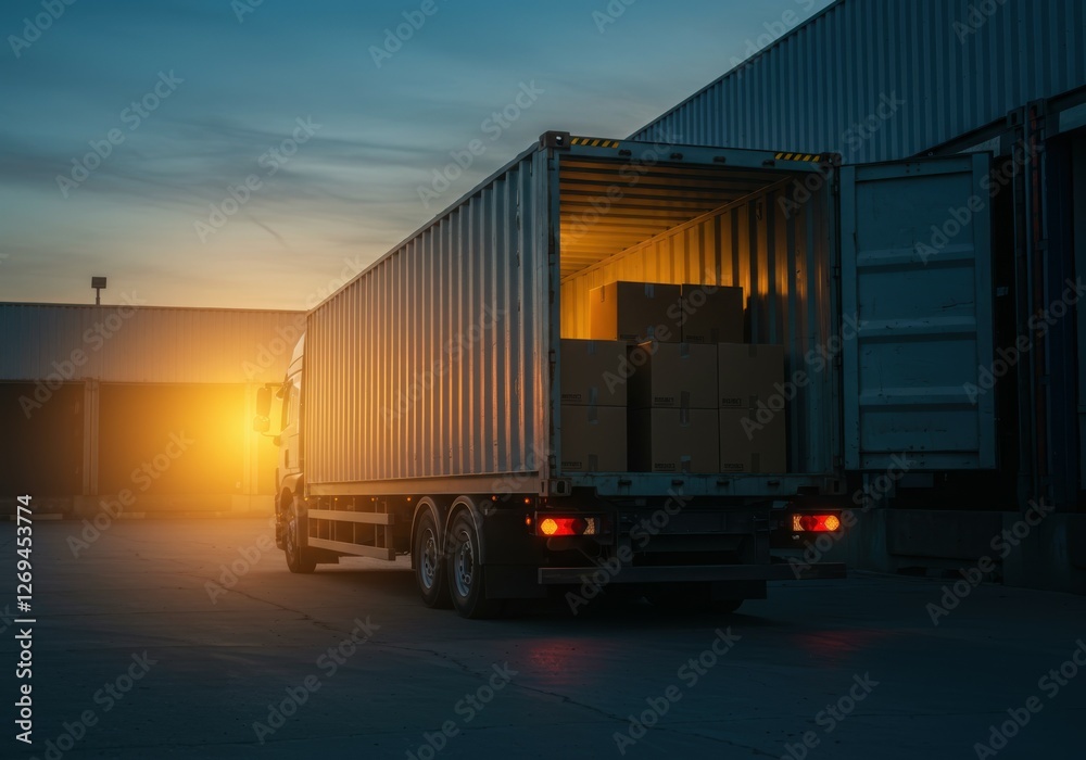 custom made wallpaper toronto digitalParked semi truck trailer, industrial warehouse loading dock, golden sunset, dramatic sky, lens flare, silhouette, cinematic lighting, wide-angle shot, logistics concept, transportation industry, dusk
