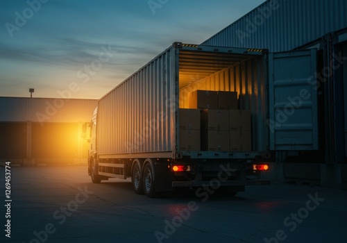 Wallpaper Mural Parked semi truck trailer, industrial warehouse loading dock, golden sunset, dramatic sky, lens flare, silhouette, cinematic lighting, wide-angle shot, logistics concept, transportation industry, dusk Torontodigital.ca
