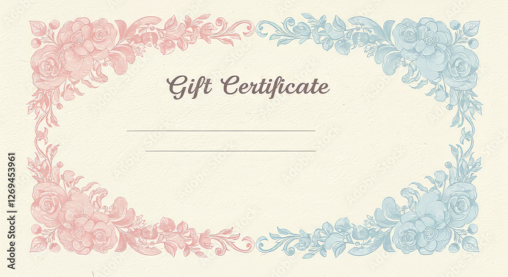 Elegant floral gift certificate design with pink and blue borders for special occasions Elegant floral gift certificate design with pink and blue borders for special occasions