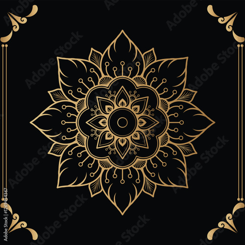 Luxury mandala design black background in gold color