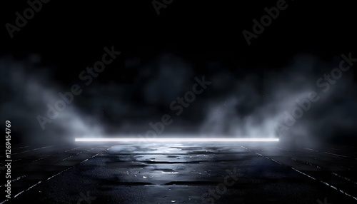 3D rendering old wet asphalt neon lights street with smoke on black background