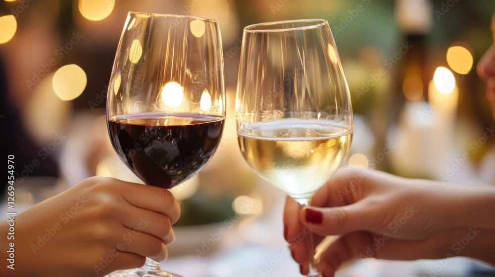 Two women toasting with glasses of red and white wine at elegant evening gathering Two women toasting with glasses of red and white wine at elegant evening gathering