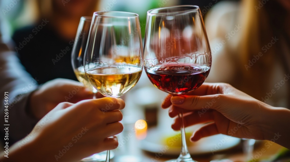 Young adults toasting with red and white wine glasses at social gathering Young adults toasting with red and white wine glasses at social gathering