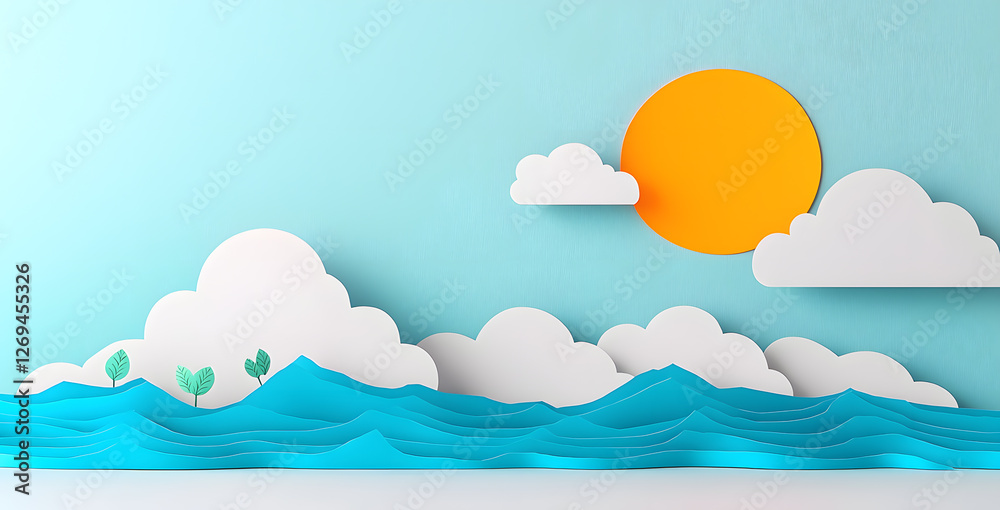 Landscape with mountains and sea waves in paper cut style Landscape with mountains and sea waves in paper cut style