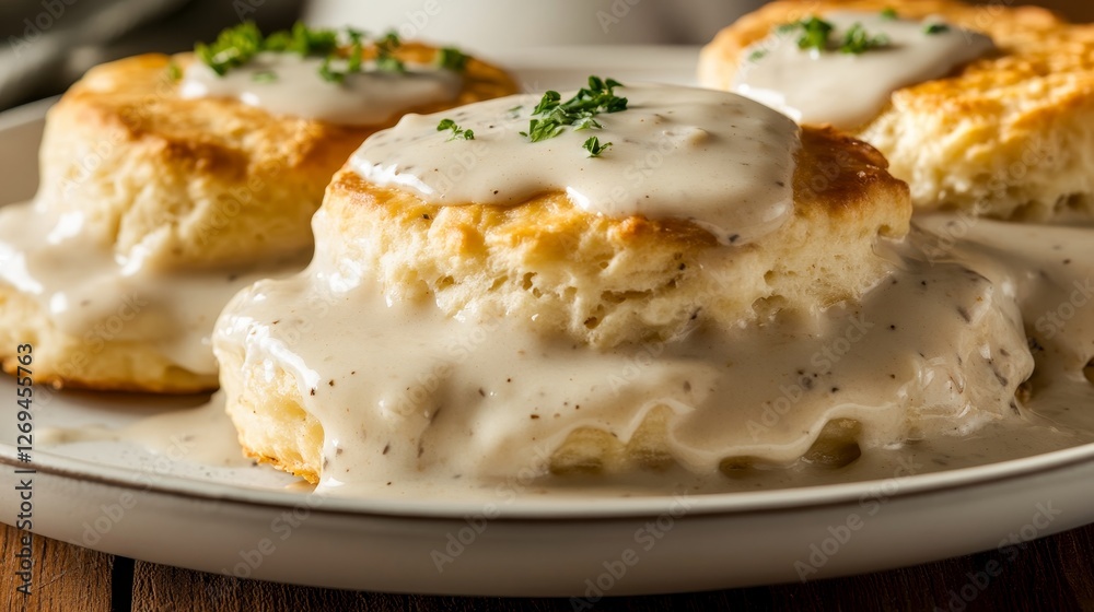Deliciously baked biscuits drizzled with creamy gravy, a comforting and appetizing delight Deliciously baked biscuits drizzled with creamy gravy, a comforting and appetizing delight