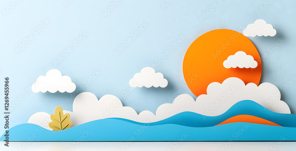 Landscape with mountains and sea waves in paper cut style Landscape with mountains and sea waves in paper cut style