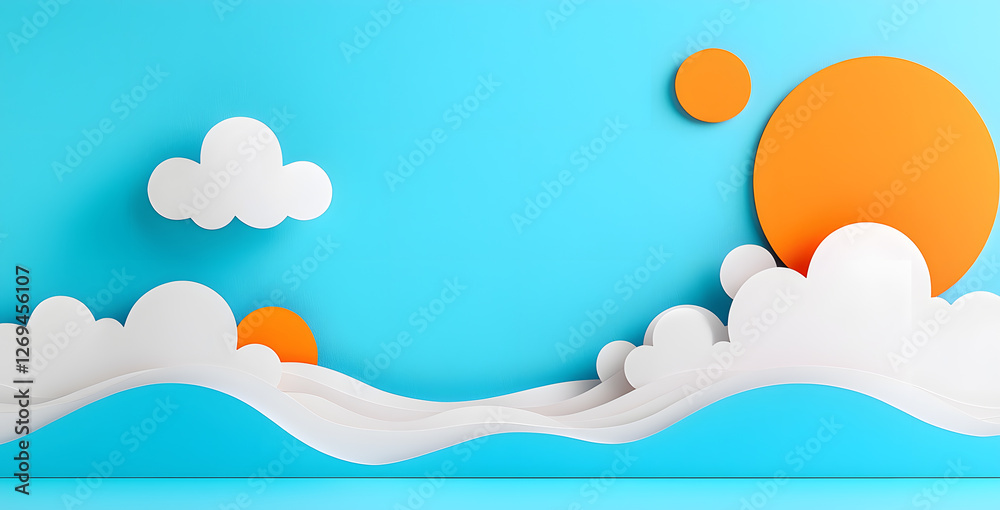 Landscape with mountains and sea waves in paper cut style Landscape with mountains and sea waves in paper cut style