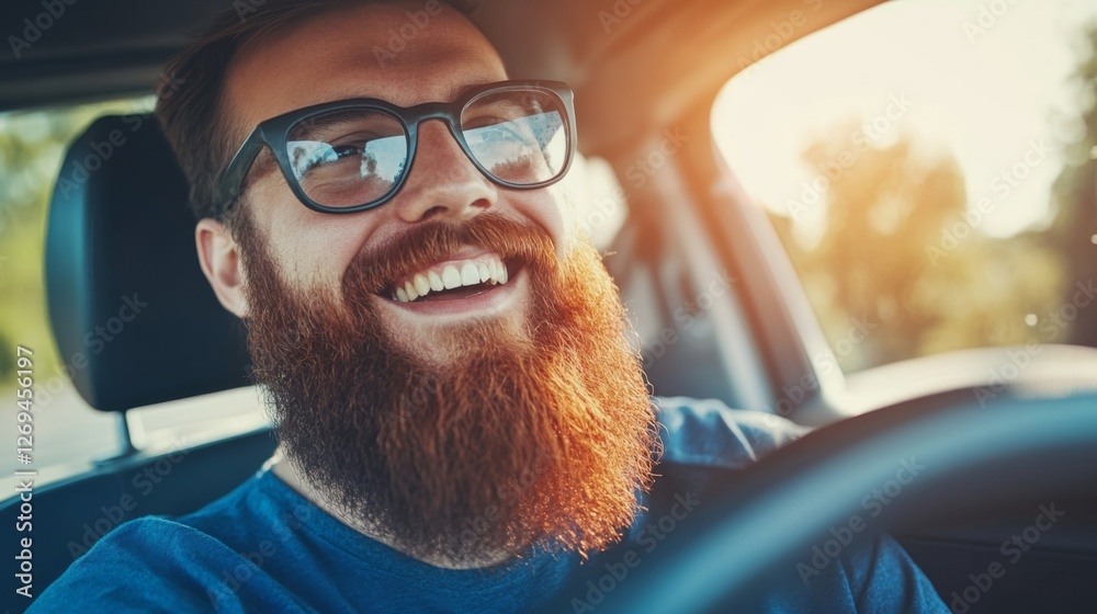 Naklejka premium Happy bearded young male wearing glasses smiling in a car interior