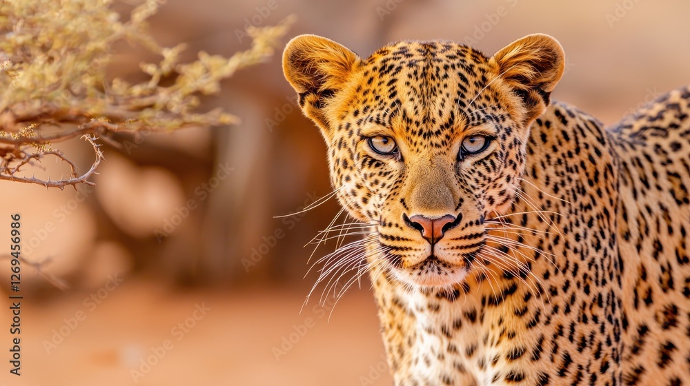 Naklejka premium Wildlife Serengeti Landscape wild animals natural habitat concept. A close-up of a leopard showcasing its striking fur pattern and intense gaze against a blurred natural background.