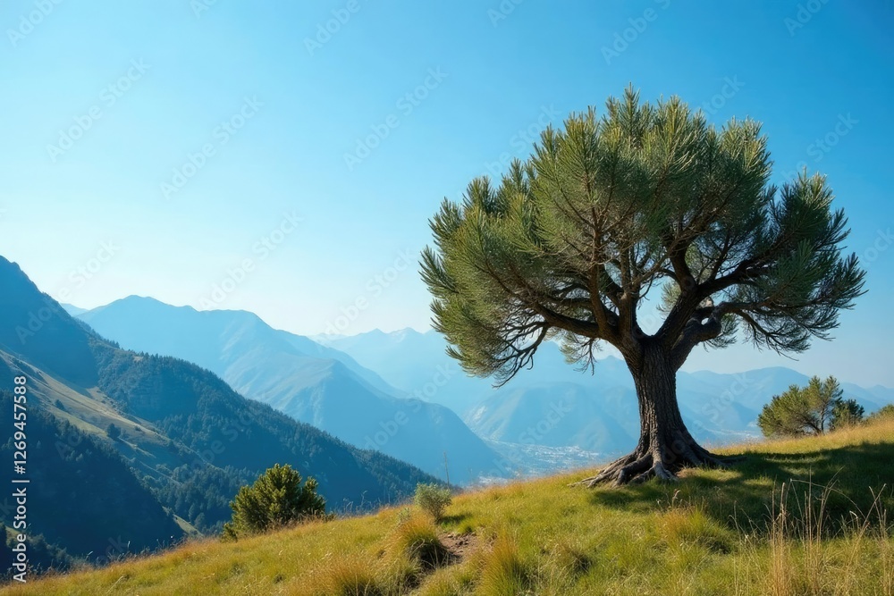 Olive tree against blue sky background with pine branches, alps, wilderness, olive tree Olive tree against blue sky background with pine branches, alps, wilderness, olive tree