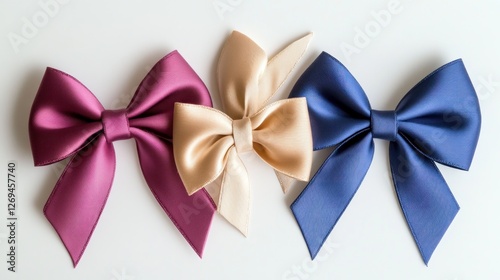 Three satin bows, purple, beige, blue, on white. Gift wrapping, craft, decoration photo