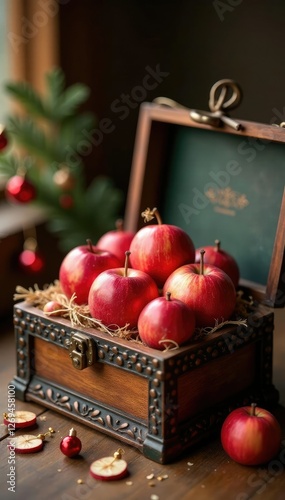 Ornate wooden decorative box filled with dried applecoring and small ornaments, ornaments, dried apples, cycle