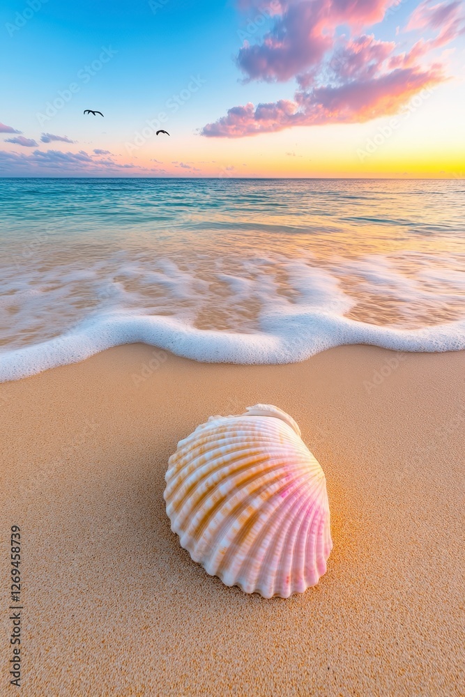 Seashell on sandy beach at sunset, soft pastel colors, ocean waves gently lapping the shore. Pink and white seashell in the foreground, calm tranquil Seashell on sandy beach at sunset, soft pastel colors, ocean waves gently lapping the shore. Pink and white seashell in the foreground, calm tranquil