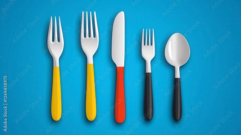 Pixel art style cutlery set against a light blue background. The set includes two forks with yellow and black handles, a knife with a red handle, and Pixel art style cutlery set against a light blue background. The set includes two forks with yellow and black handles, a knife with a red handle, and