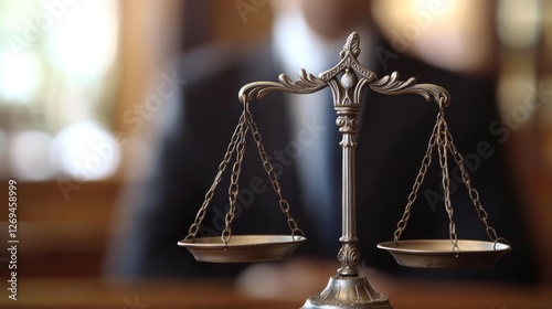 Elegant brass scales of justice in front of a male mature body in a courtroom setting photo