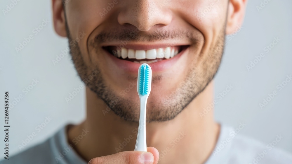 Young adult male smiling with toothbrush showing white teeth Young adult male smiling with toothbrush showing white teeth