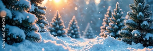 Frosty white snowflakes gently fall on a forest of Christmas trees, spruce, forest
