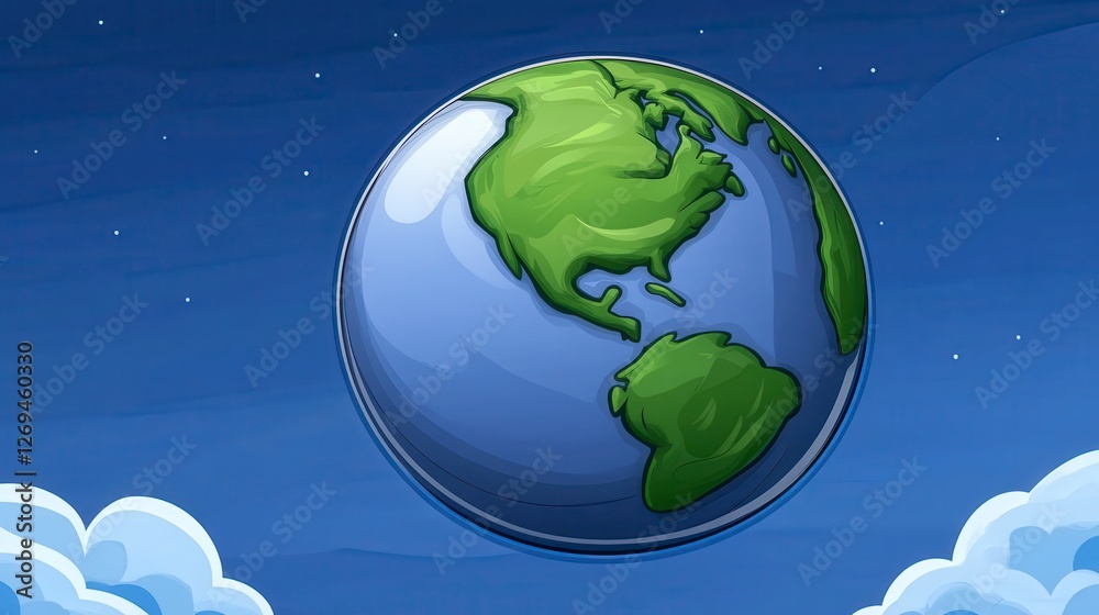 Naklejka premium Pixel art depiction of a planet against a night sky with clouds. The planet is predominantly blue and green, showing continents and oceans. Simple