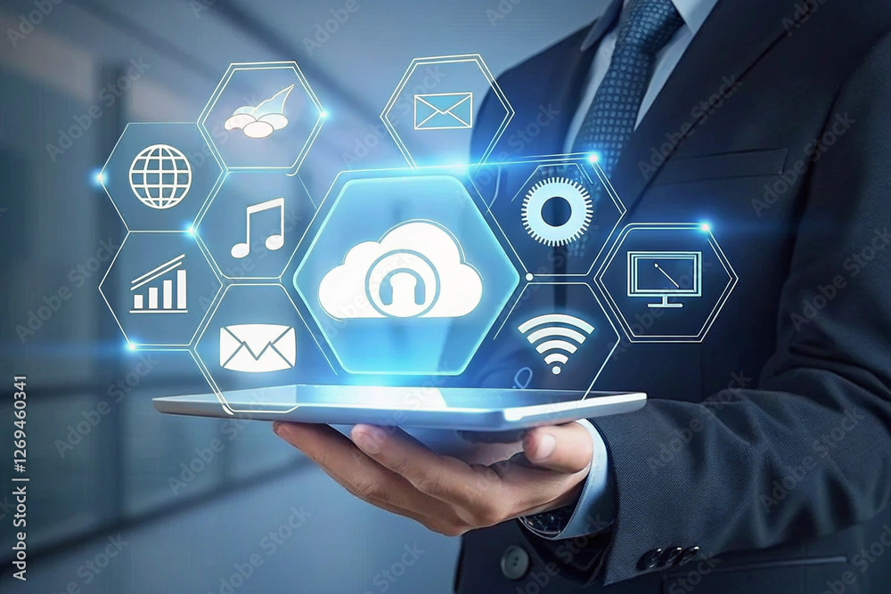 Cloud Computing and Technology: A businessman holds a tablet displaying a glowing cloud icon with surrounding icons representing various digital services. Cloud Computing and Technology: A businessman holds a tablet displaying a glowing cloud icon with surrounding icons representing various digital services.