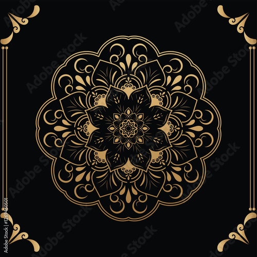 Luxury mandala design black background in gold color