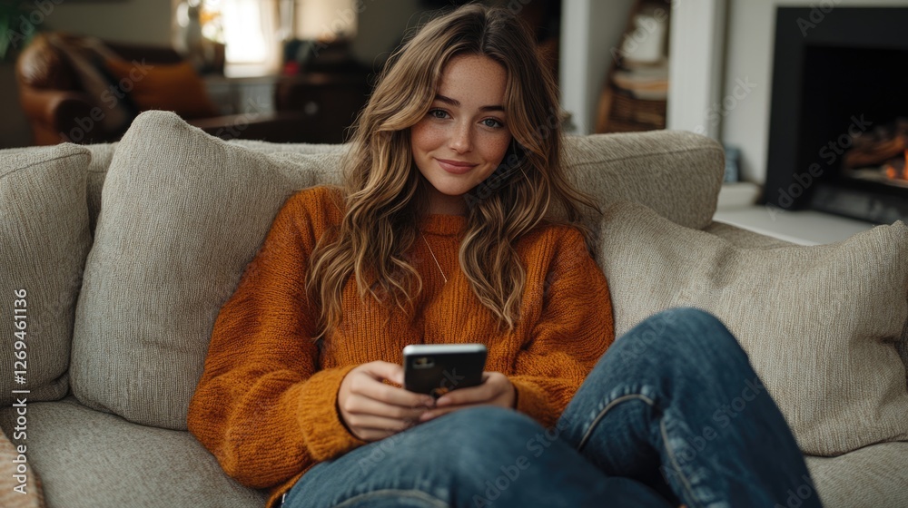 Young woman relaxing at home while using her smartphone Young woman relaxing at home while using her smartphone