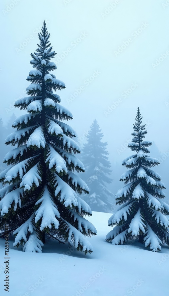 Obraz premium Snow-covered evergreen trees in a foggy, misty atmosphere, snowy, frozen