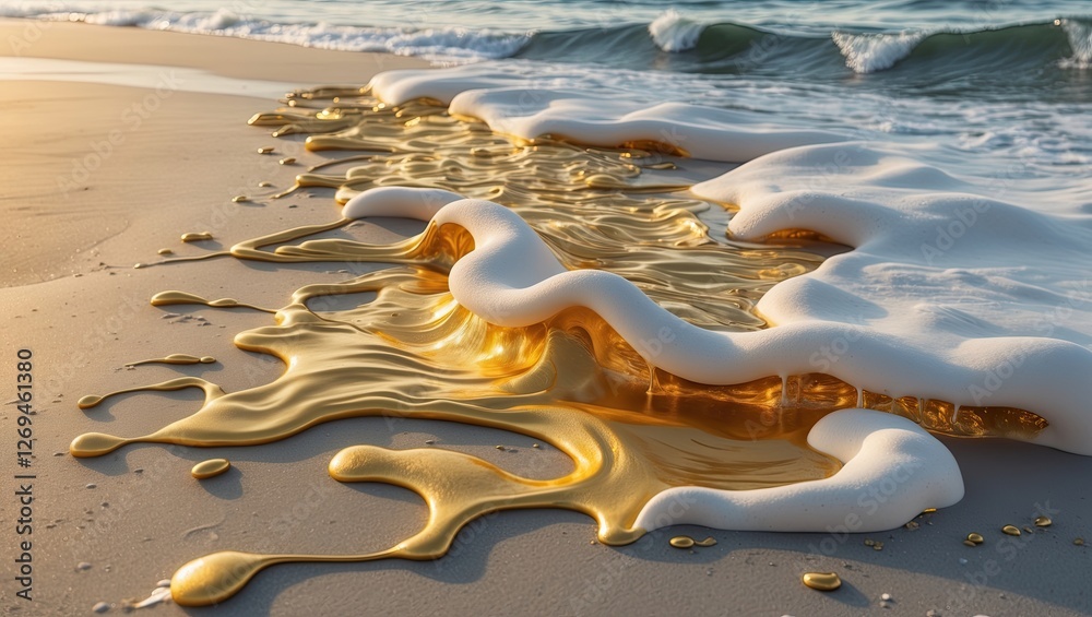 Obraz premium Golden foamy waves washing ashore on a tranquil sandy beach at sunset, reflecting warm hues