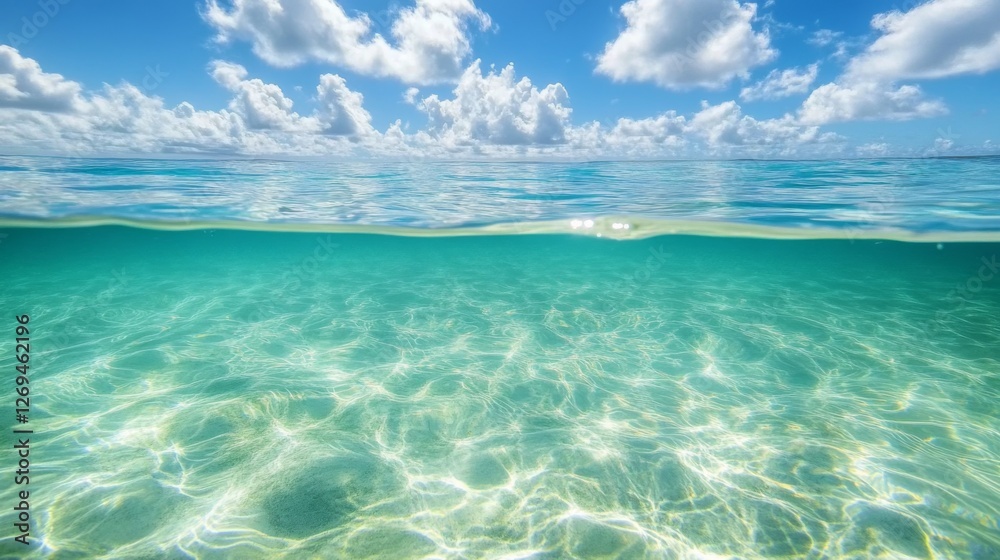 Fototapeta premium Clear turquoise ocean water under blue sky with sunlit clouds