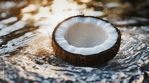 Coconut half floats in gentle stream, sun reflecting off water and creamy flesh. Tropical freshness. photo