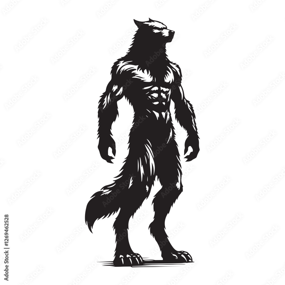 Fototapeta premium Lone Werewolf silhouette standing tall in the dead of night - Werewolf illustration - Minimalist Werewolf vector - Mythical creature silhouette 