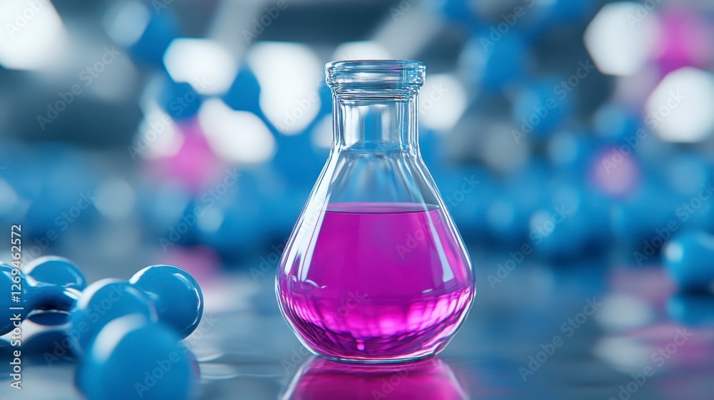 Close up view of a small, clear glass flask containing vibrant purple liquid, set against a blurred background of light blue molecular structures Close up view of a small, clear glass flask containing vibrant purple liquid, set against a blurred background of light blue molecular structures