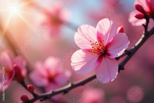 Sunlight's gentle touch coaxes pink blossoms to unfurl slowly, bloom, gentle, blossom