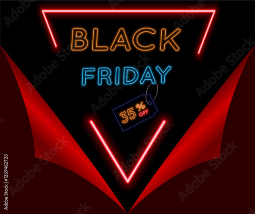 Black Friday 35 percent. special offer. discount flyer. neon style. Vector illustration.