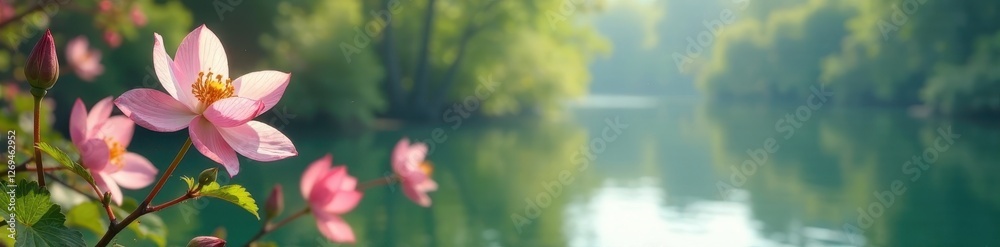 Soft pink flowers gently sway from a thin cotton thread suspended above a serene lake, peaceful, calm Soft pink flowers gently sway from a thin cotton thread suspended above a serene lake, peaceful, calm